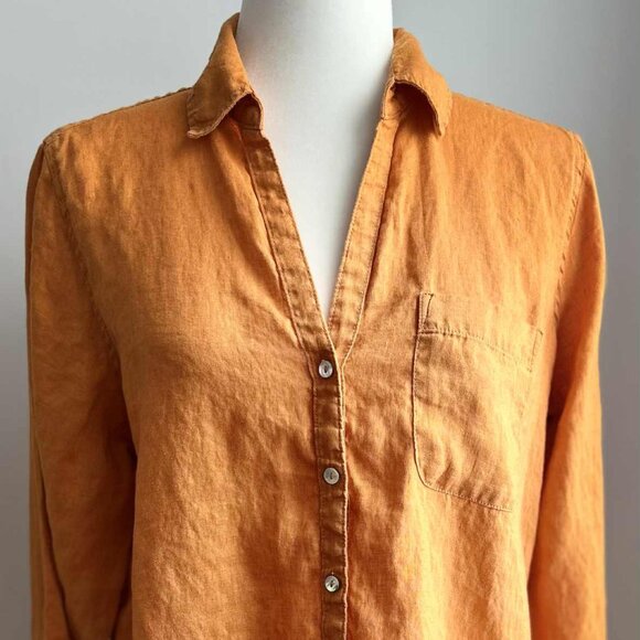 Sigrid Olsen Tops - Sigrid Olsen Pumpkin Orange Pure Linen Button-Front Shirt w/ Sleeve Tabs – US M